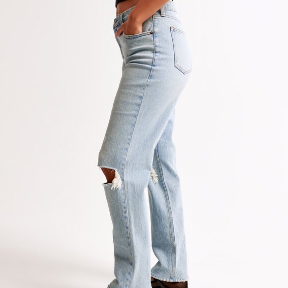 Abercrombie & Fitch Curve Love Mid Rise 90s Straight Jean - 29L Light Destroy - Picture 3 of 9